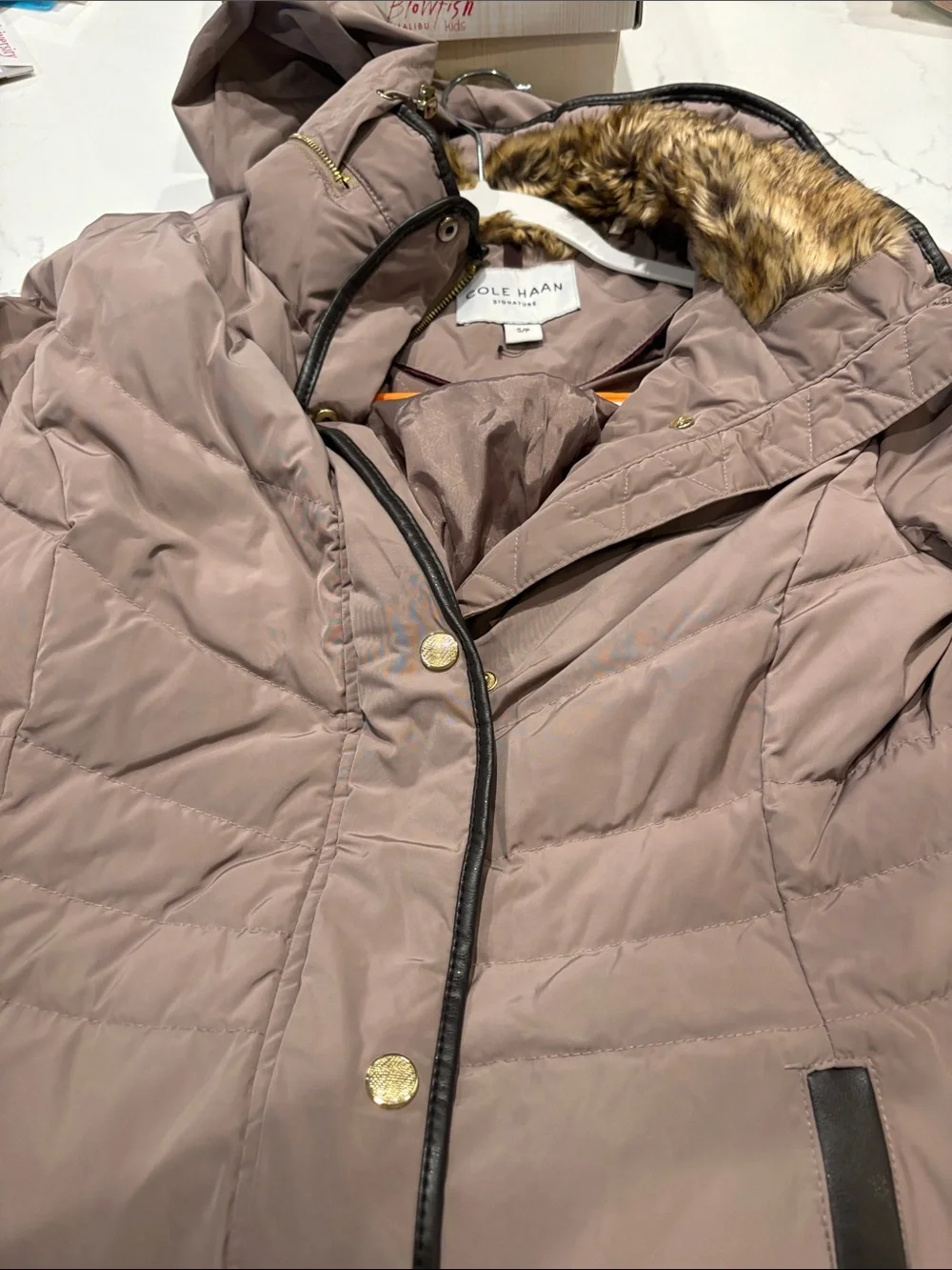 Cole Haan Women's Tan Quilted Puffer Coat with Faux Fur Hood